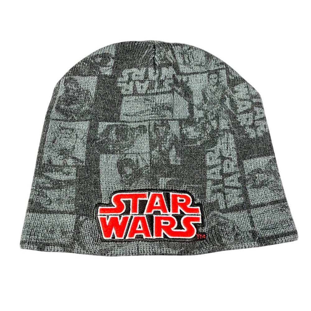 Star Wars Gray Comic Print Knit Beanie Hat Red Embroidered Logo Patch Lucasfilm